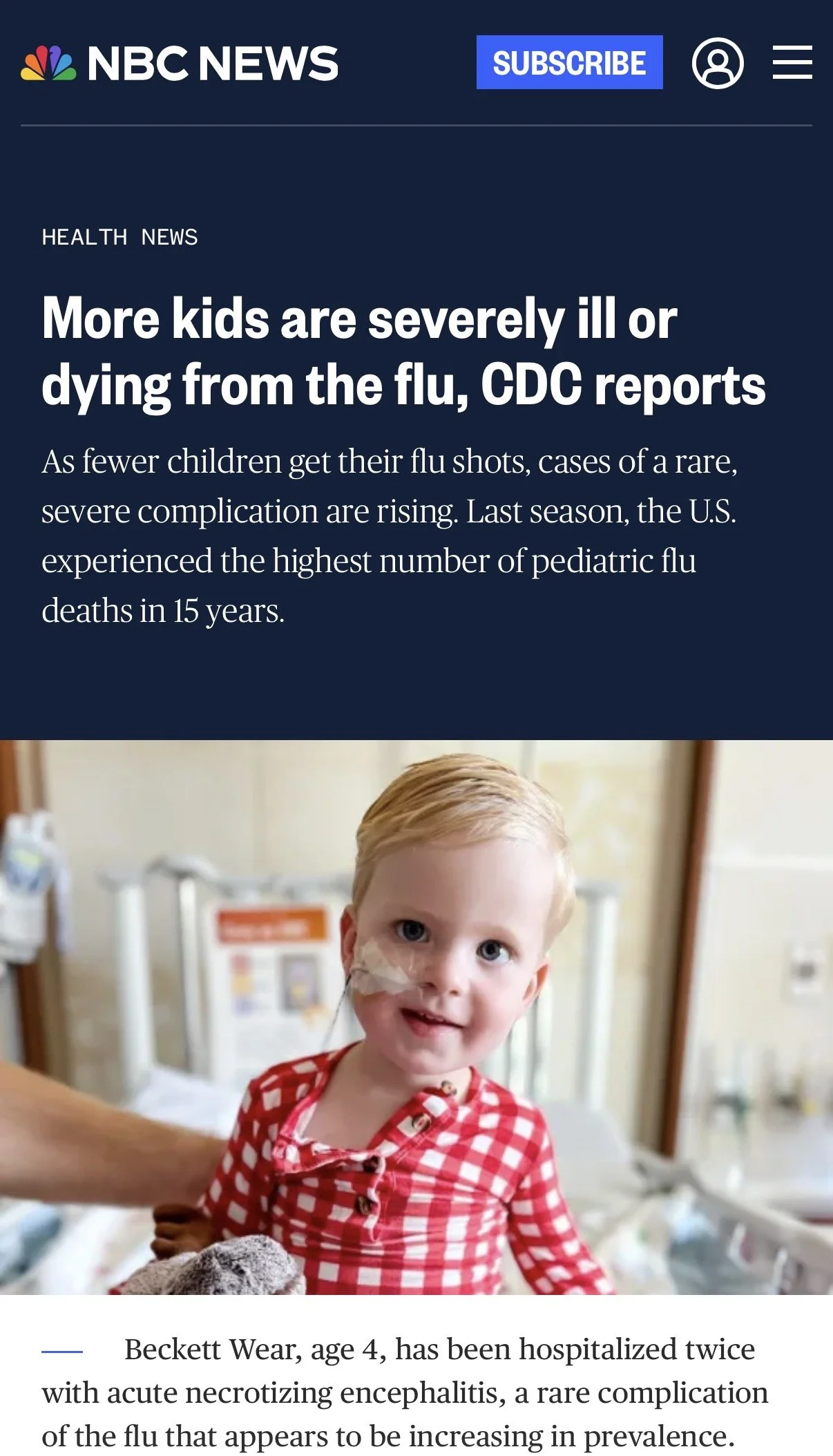 A screenshot of an NBC News article with the headline 'More kids are severely ill or dying from the flu, CDC reports.' The article discusses rising cases of severe pediatric flu complications. Below the headline, there is an image of a young girl with red hair and blue eyes, wearing a red and white checkered hospital gown, with a nasal oxygen tube and bandage on her face, sitting in a hospital setting.
