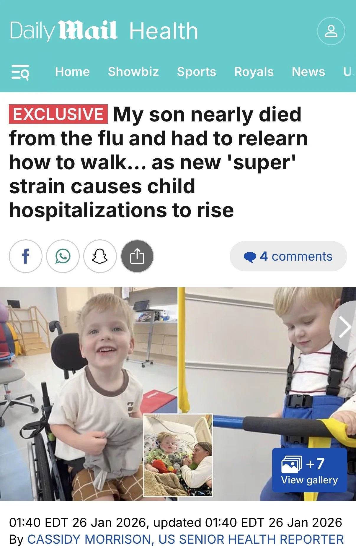 Screenshot of a news article from Daily Mail Health section with a headline about a boy who nearly died from the flu and had to relearn how to walk, with photos of the boy smiling in a hospital, in a wheelchair, and lying in a hospital bed.