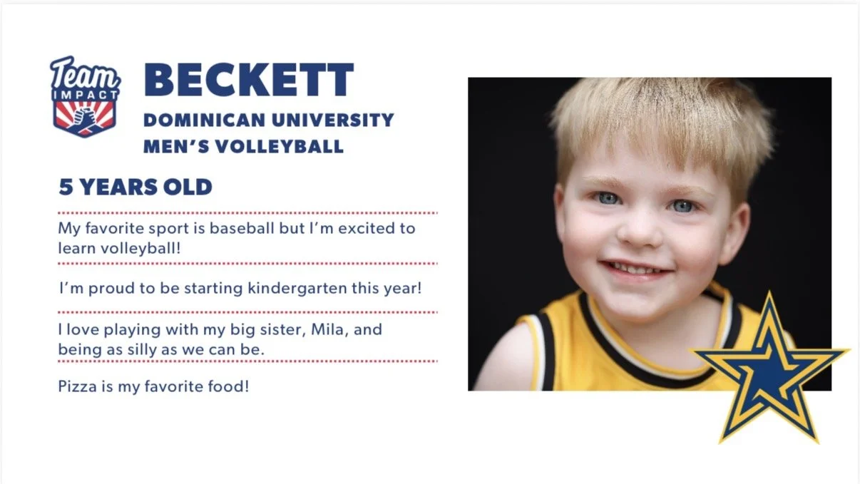 A flyer featuring a young boy named Beckett from Dominican University men's volleyball team, who is 5 years old. The flyer includes a photo of Beckett smiling with blonde hair, wearing a yellow basketball uniform, and a Dallas Cowboys star logo. It mentions that Beckett's favorite sport is baseball but he's excited to learn volleyball, he's starting kindergarten, enjoys playing with his big sister Mila, and loves pizza.