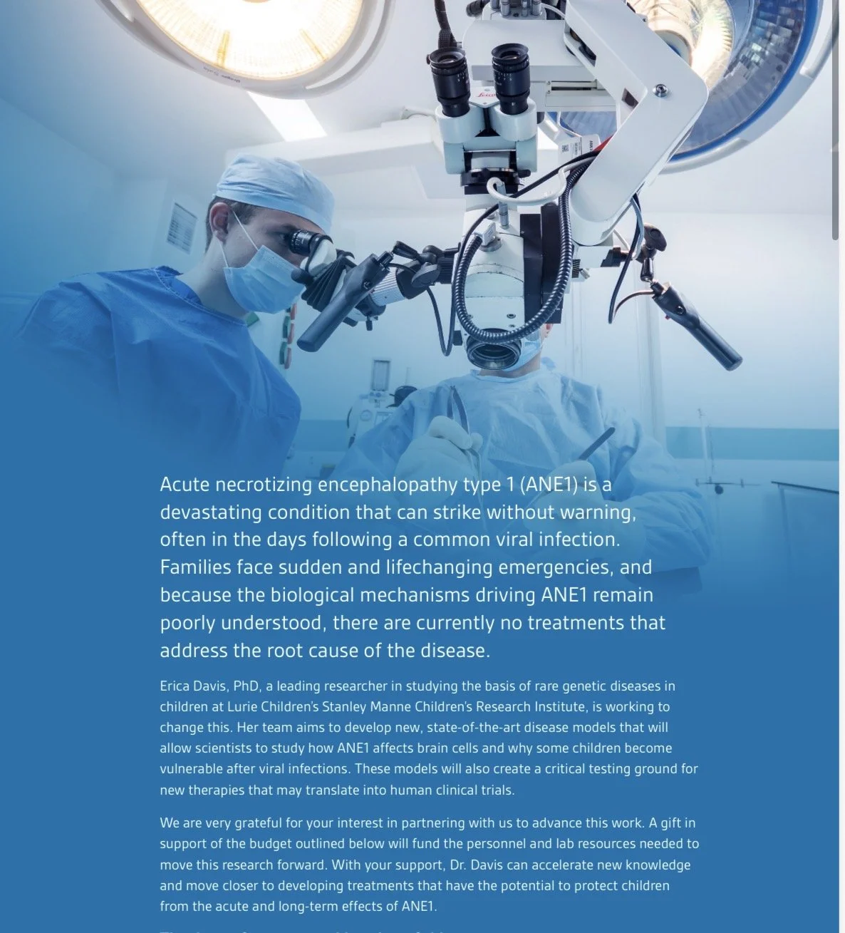 A medical researcher in scrubs, mask, and surgical cap operating on a microscope in a clinical setting, with informational text about acute necrotizing encephalopathy type 1 (ANE1).