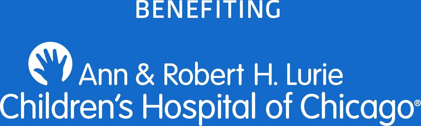 Blue banner with white text that reads 'BENEFITING Ann & Robert H. Lurie Children's Hospital of Chicago' and features a white circular logo with a blue hand inside.