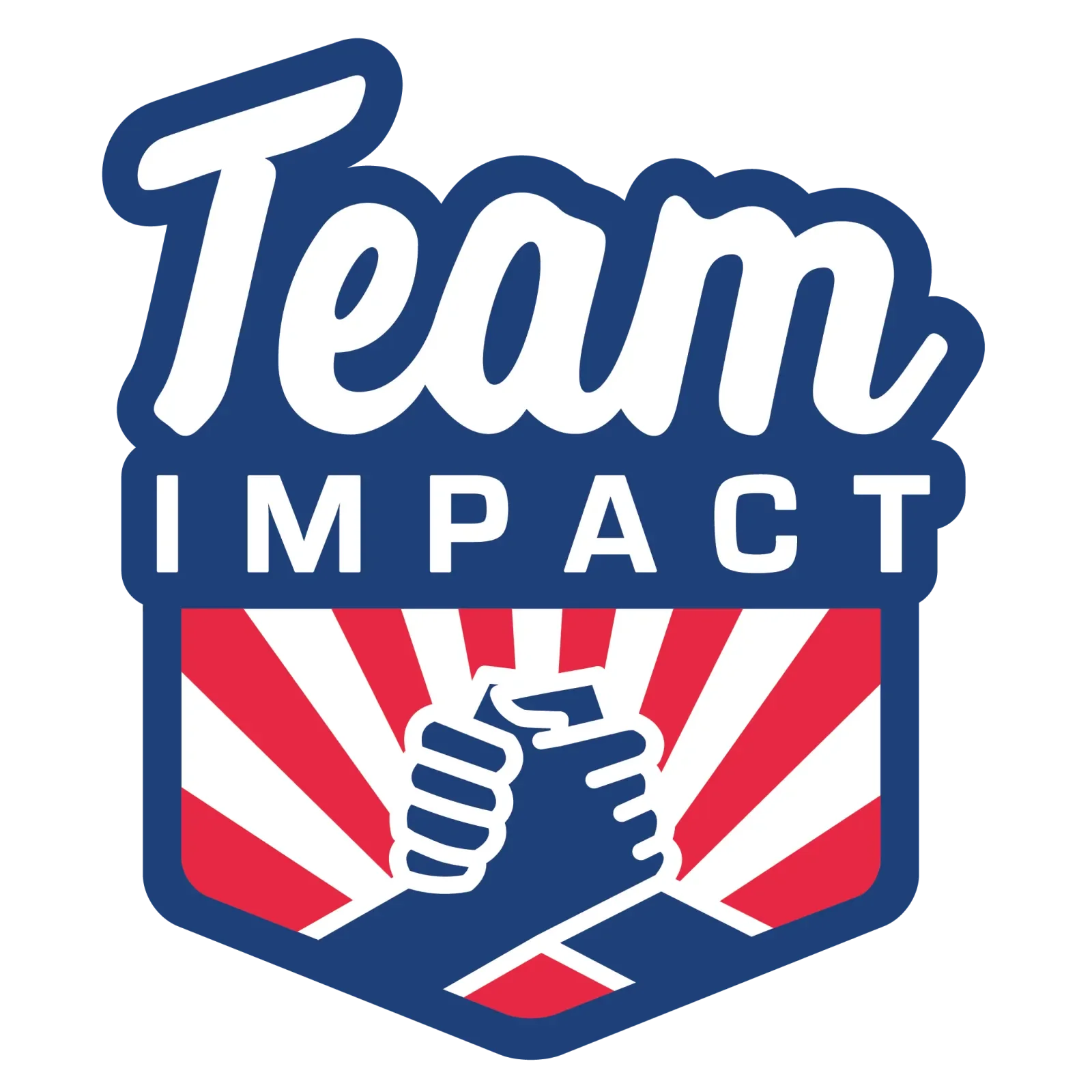 The logo for 'Team Impact' features a stylized clenched fist holding a megaphone with a red and white striped background, and the words 'Team Impact' written above.