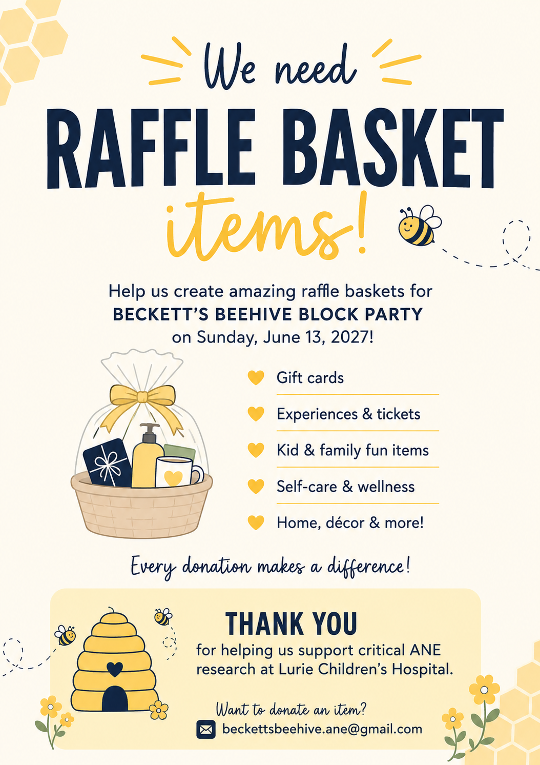 Flyer for a raffle basket event supporting Beckett's Beehive Block Party on June 13, 2027, featuring a basket with gift cards, hand sanitizer, and a mug, with bee and honeycomb illustrations.