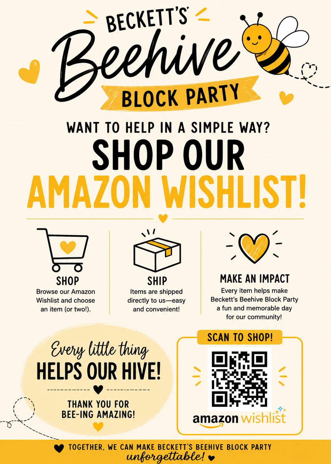 Bee-themed flyer for Beckett's Beehive Block Party, promoting shopping on an Amazon wishlist to support the event, with illustrations of a bee, hearts, and a QR code for the wishlist.