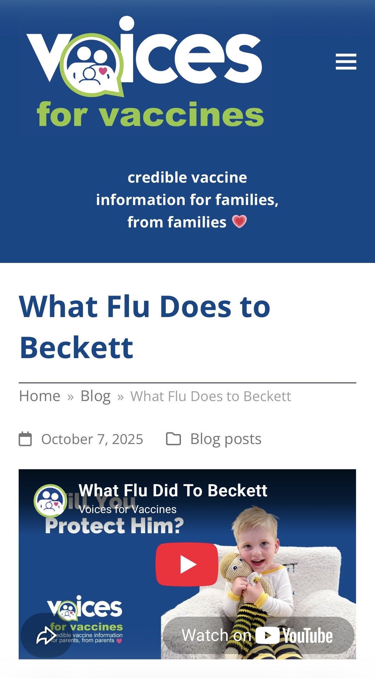 Webpage from Voices for Vaccines titled 'What Flu Does to Beckett,' featuring a boy holding a stuffed animal and a YouTube play button overlay for a video.