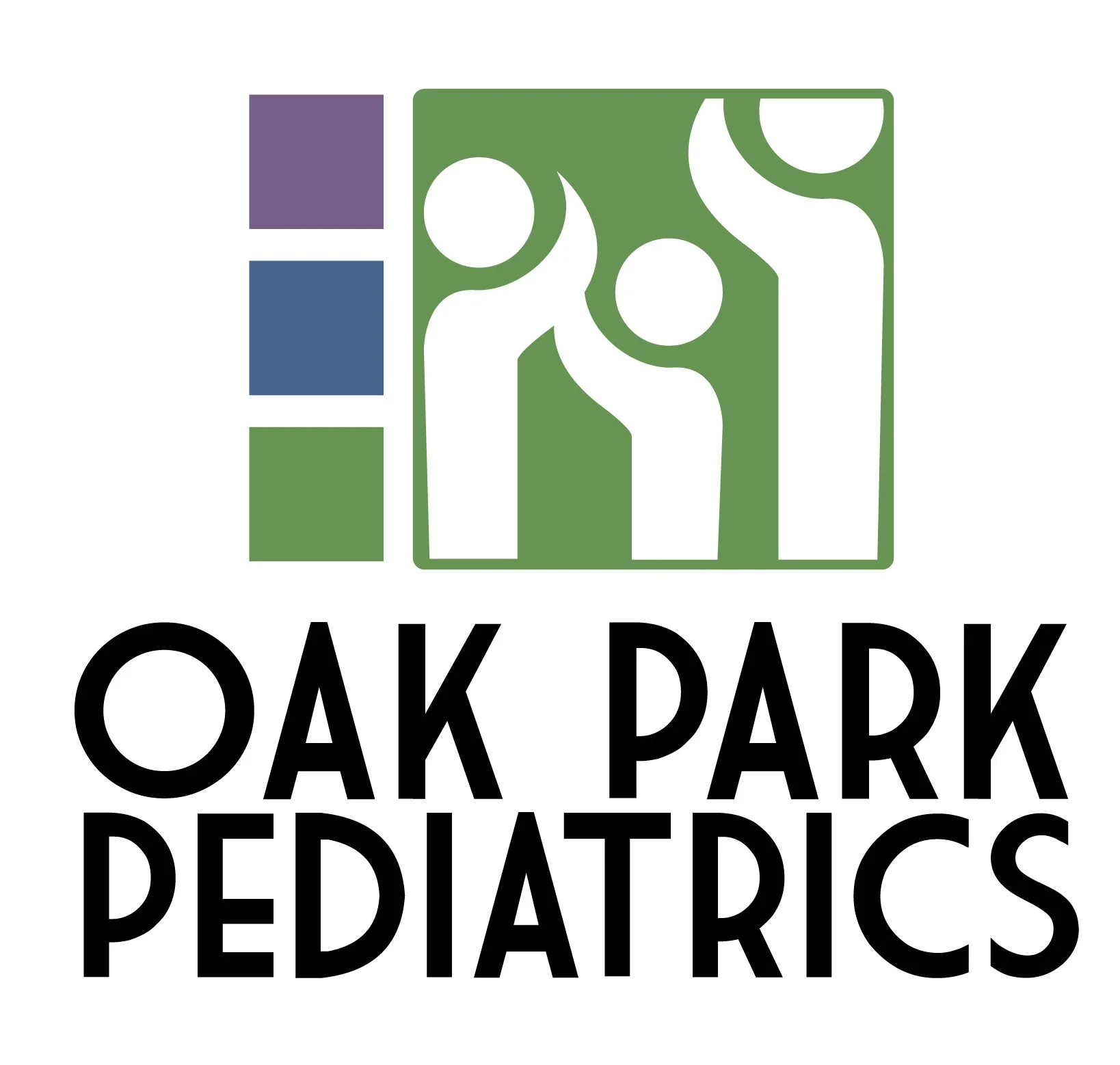 Logo with three colored squares and stylized green oak tree icon, followed by the text 'Oak Park Pediatrics' in bold black font.