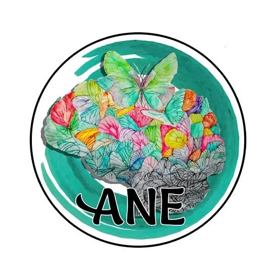 Circular illustration with a cluster of colorful butterflies emerging from crumpled paper, with a large butterfly at the top center, and the bold text "ANE" at the bottom.