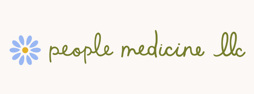 Logo with a blue daisy flower and green handwritten text 'people medicine llc'