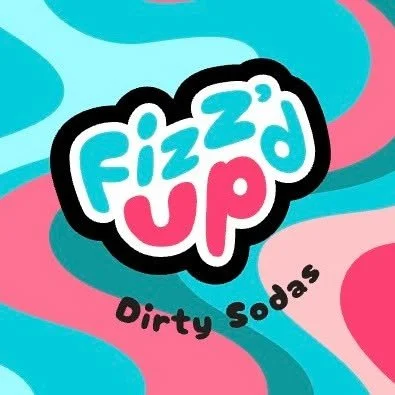 Colorful logo for Fizzed Up Dirty Sodas with a pink, blue, and teal background.