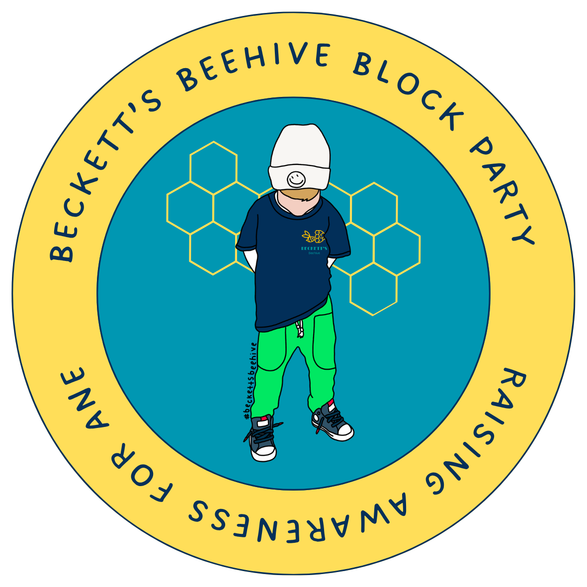 A child in a hoodie, loose pants, and sneakers, with their head down and face covered by a beanie. The background has hexagonal honeycomb patterns, and the circular border contains the text 'Beckett's Beehive Block Party Raeving and Awareness for Beckett's Beehive.'