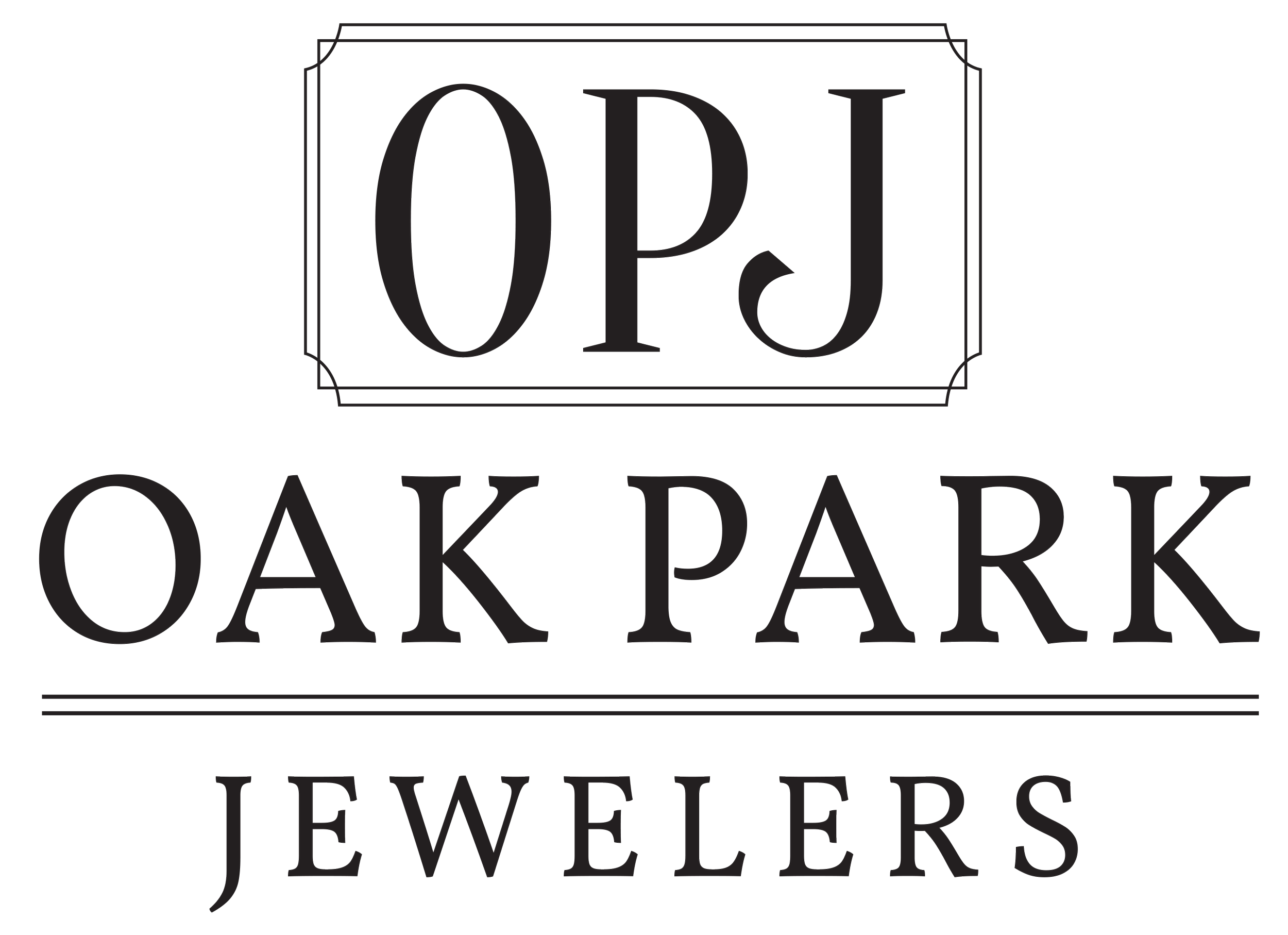 The logo of Oak Park Jewelers featuring a stylized monogram 'OPJ' inside a decorative badge above the words 'Oak Park Jewelers'.
