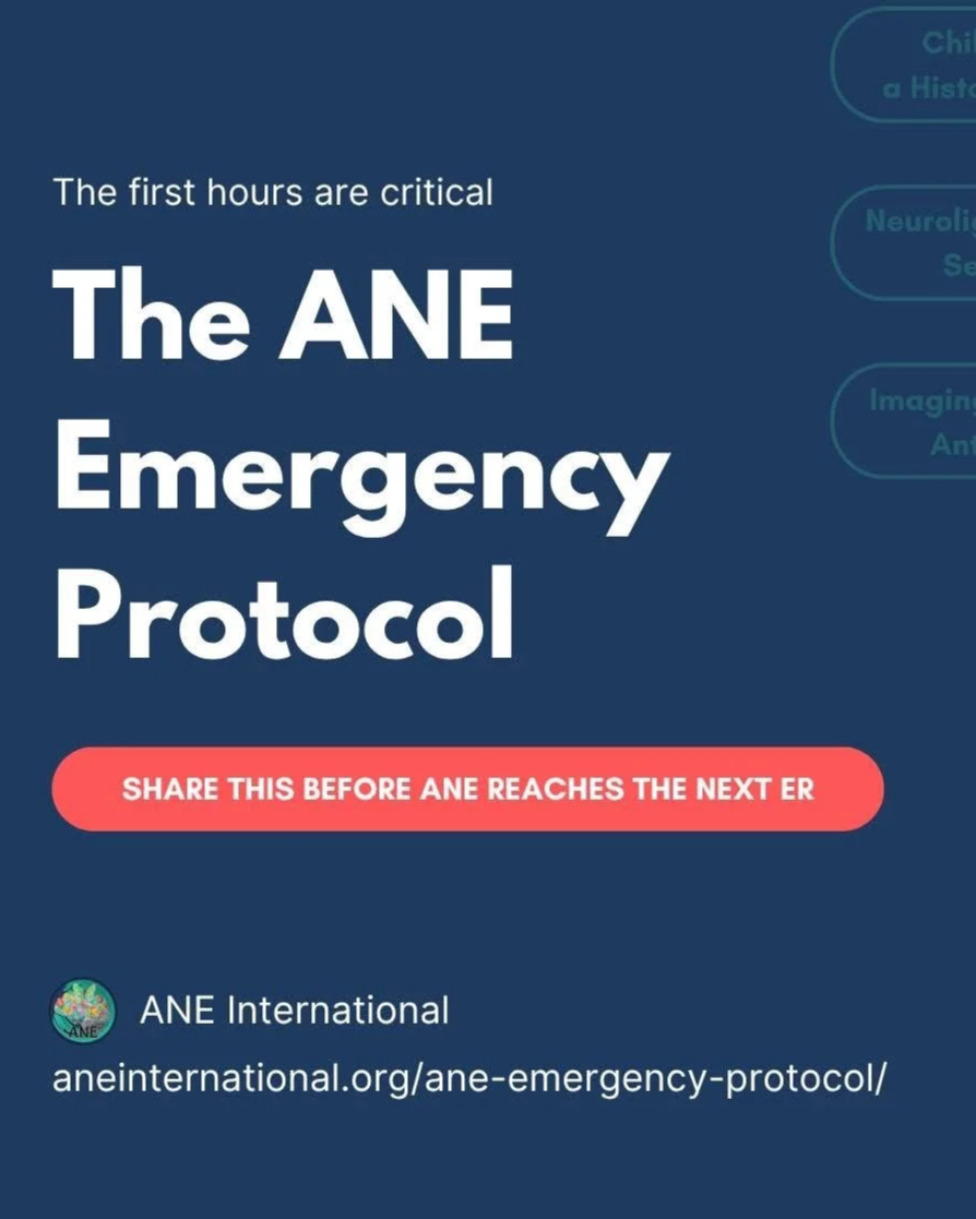 A digital graphic displaying information about the importance of the first hours in an ANE emergency protocol, with a call to action to share before it reaches the next emergency.