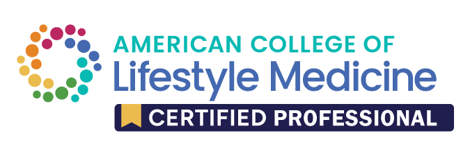 Logo of the American College of Lifestyle Medicine, featuring a colorful circular graphic, the organization name, and a purple banner with white text that reads 'Certified Professional.'