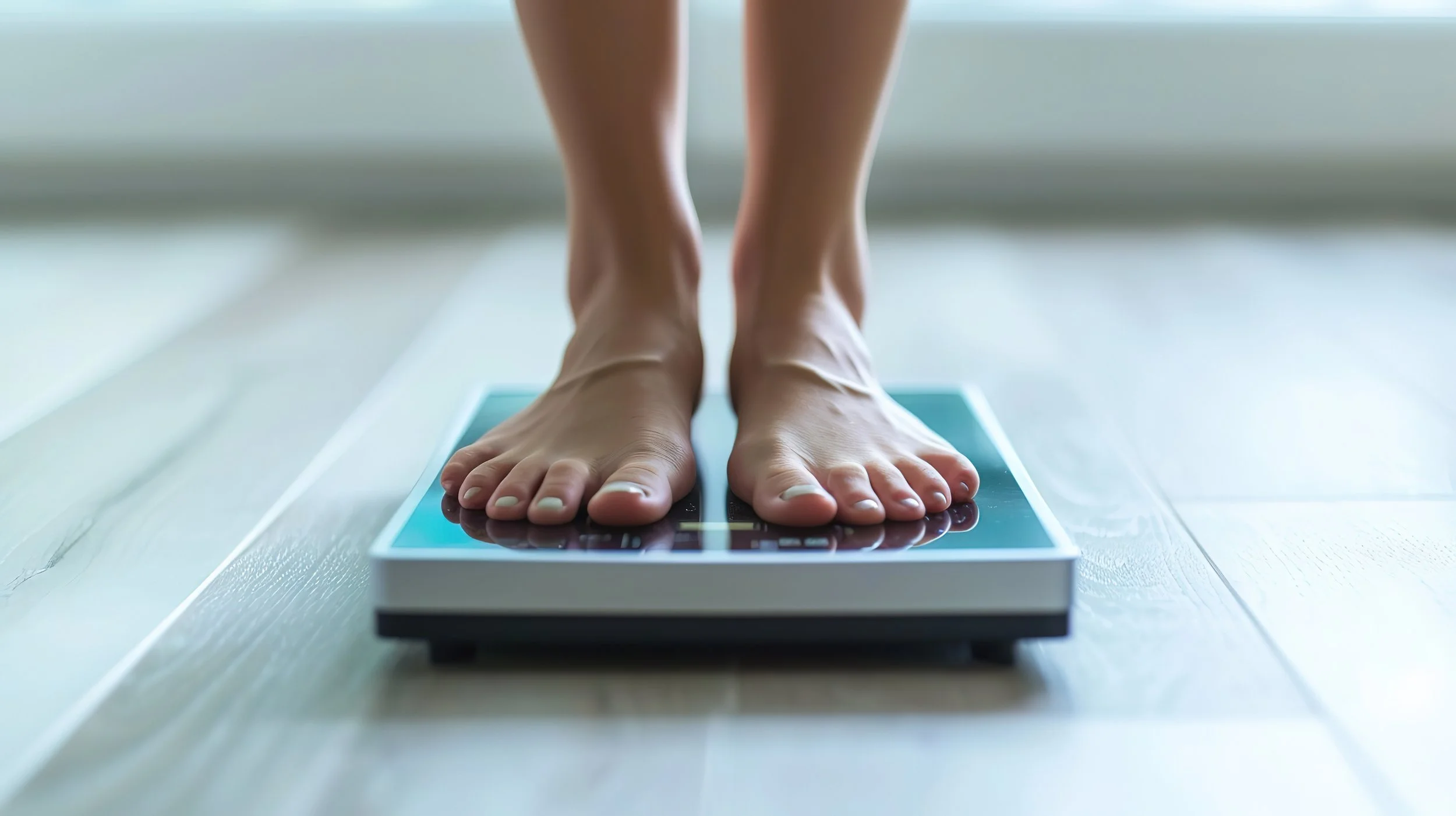 Person standing on a weighing scale, viewed from the front.