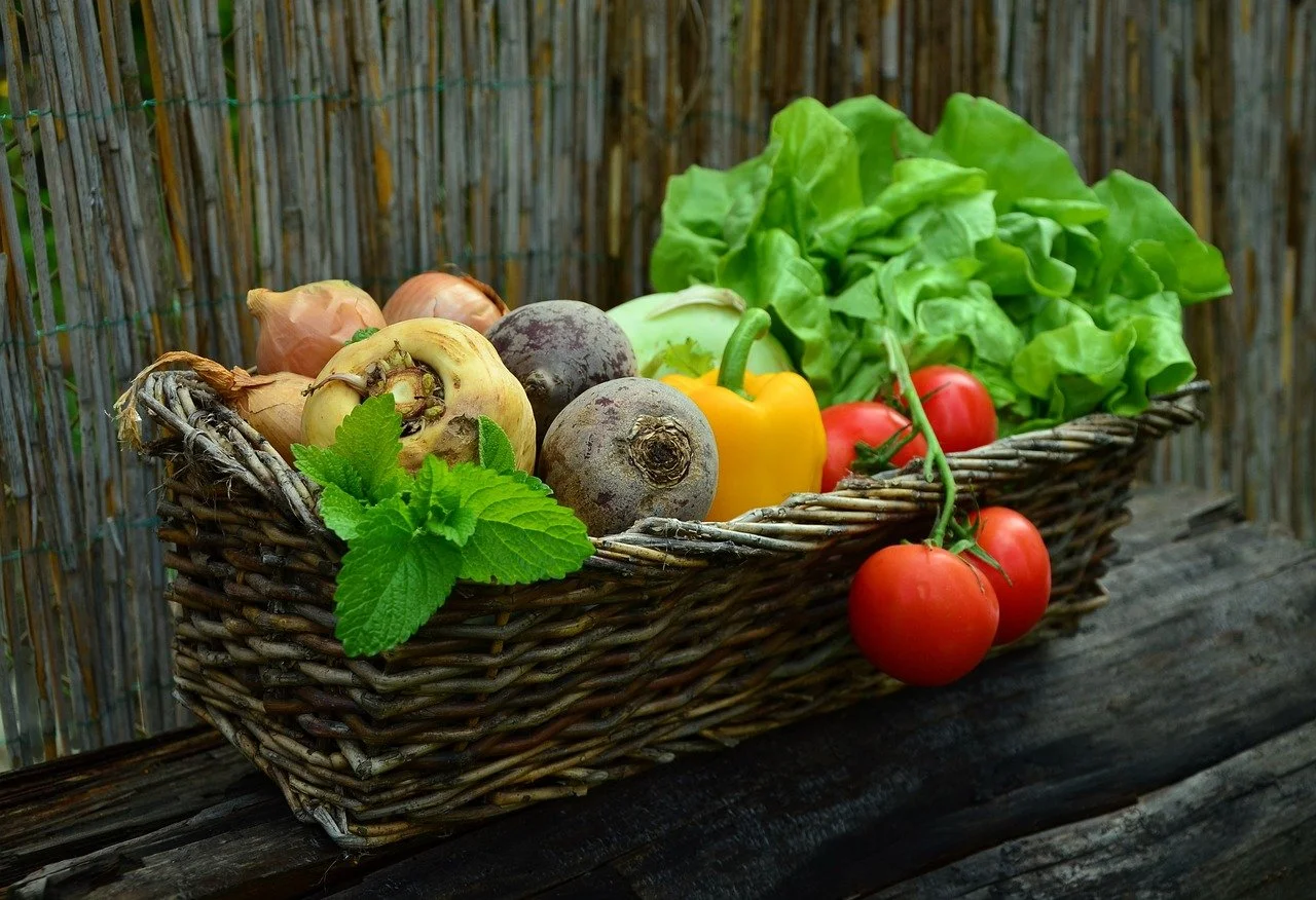 A wicker basket filled with fresh vegetables including tomatoes, yellow bell pepper, lettuce, onions, turnips, and herbs, placed outdoors on a wooden surface with a bamboo fence background.
