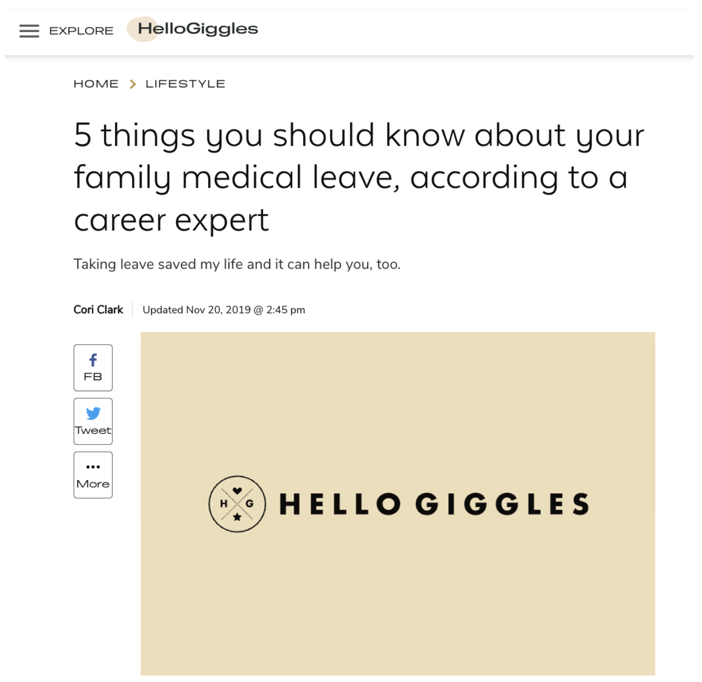 Screenshot of a webpage/article titled '5 things you should know about your family medical leave, according to a career expert' from HelloGiggles website, with social media sharing options on the left and the HelloGiggles logo at the bottom.