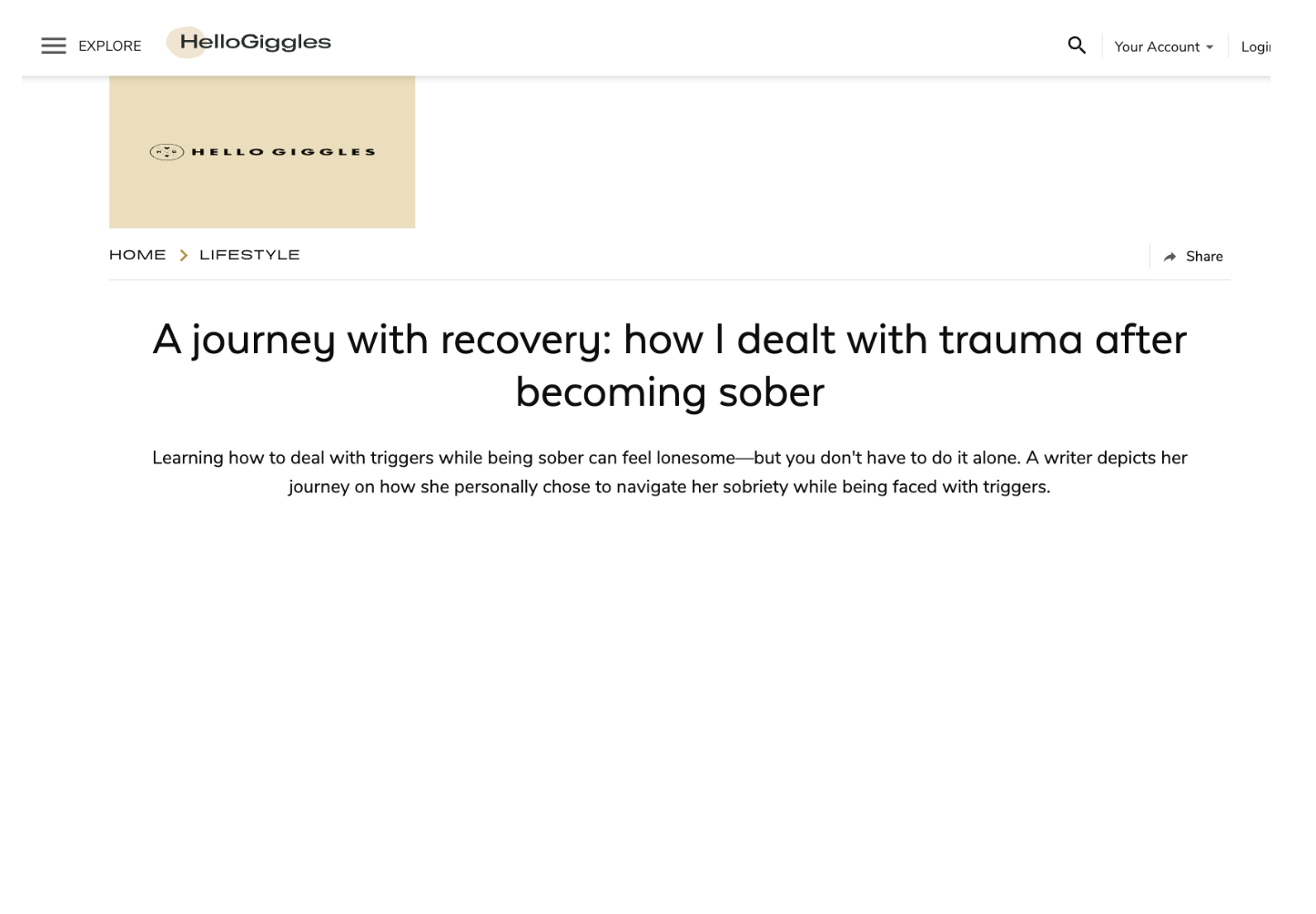 Screenshot of a blog article titled 'A journey with recovery: how I dealt with trauma after becoming sober' from Hello Giggles website.