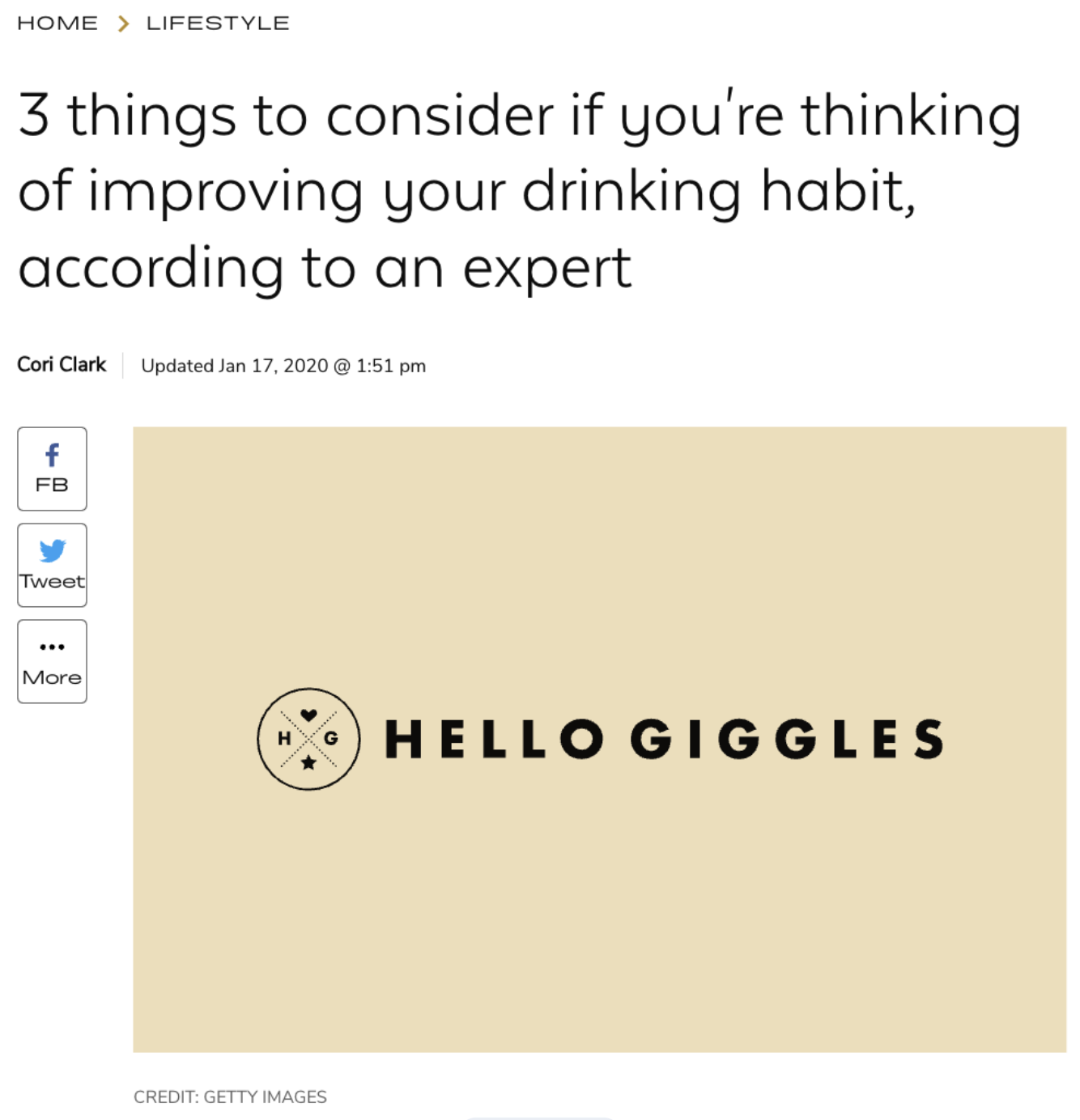 Webpage titled '3 things to consider if you're thinking of improving your drinking habit, according to an expert' with a logo and text that says 'HELLO GIGGLES' on a beige background.