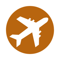 Icon of an airplane inside a brown circle.