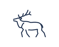 A simple line drawing of a reindeer in blue.
