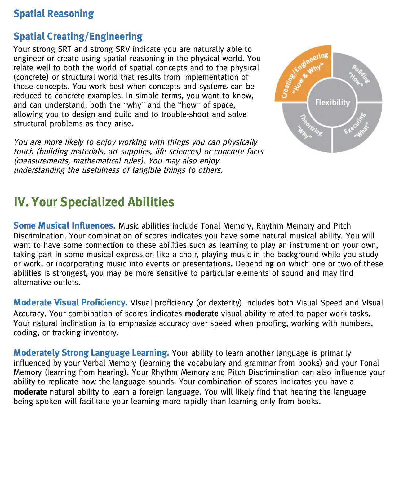 A page from a document discussing skills and abilities, featuring a circular diagram with segments labeled 'Building How,' 'Creating How & Why,' 'Theorizing Why,' and 'Executing What,' with a central theme of 'Flexibility' at the center.