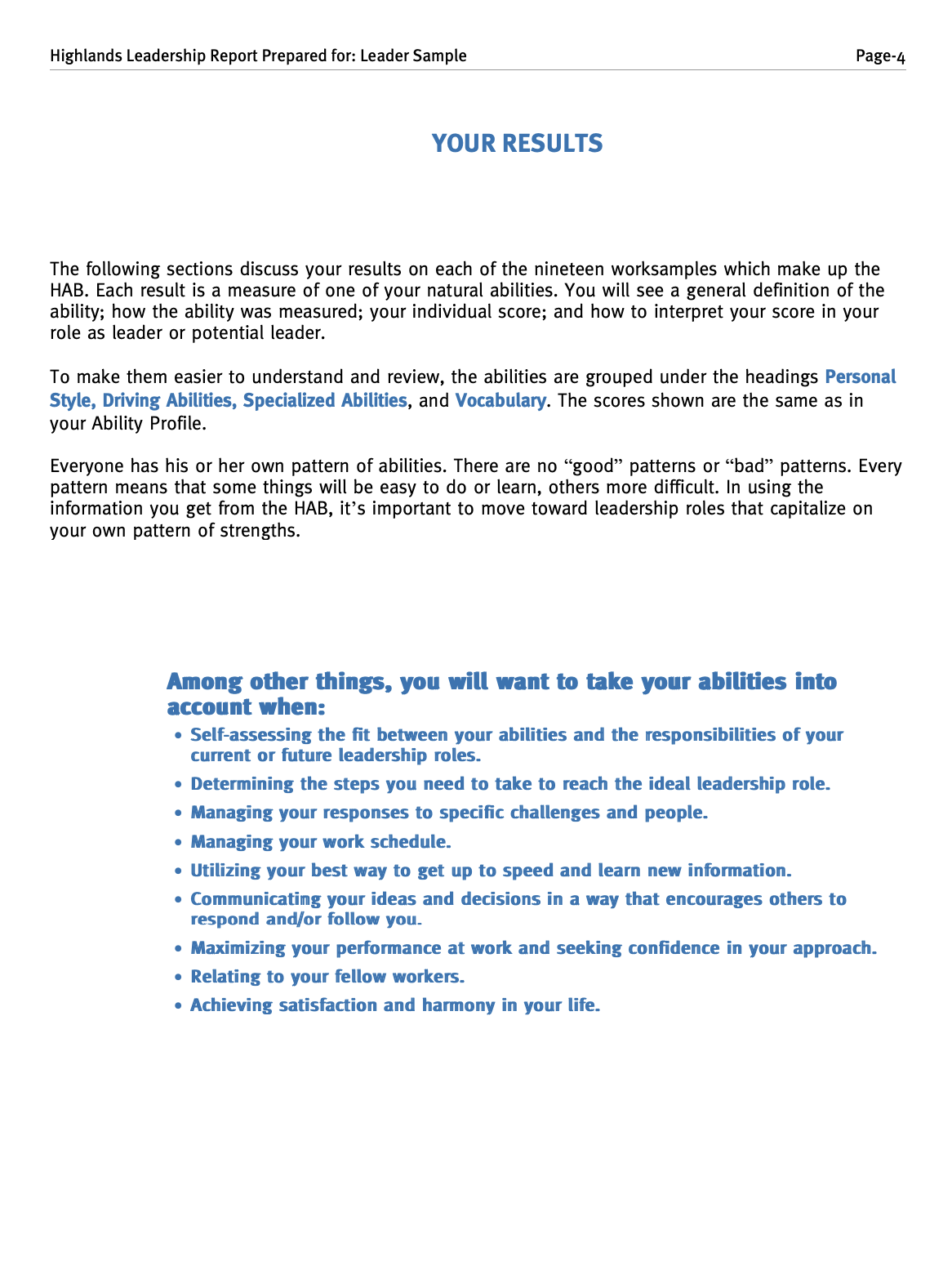 Page from a leadership report titled 'Highlands Leadership Report Prepared for: Leader Sample', showing section 'Your Results' and a bulleted list of how to use abilities for leadership and personal growth.