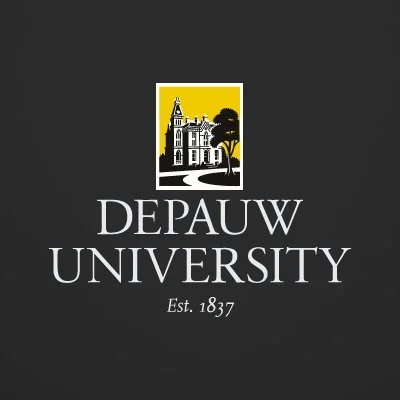Depauw University logo featuring a yellow and black illustration of a historic building with a clock tower and a tree.