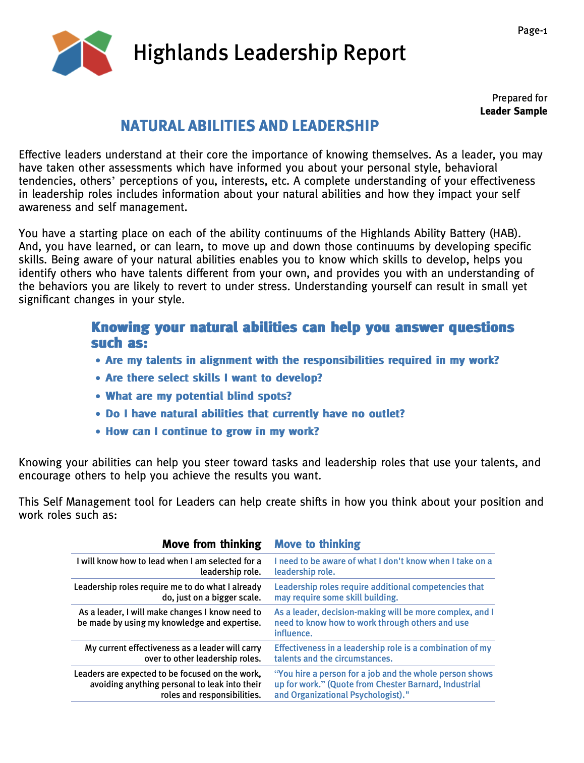 Cover page of the Highlands Leadership Report titled "Natural Abilities and Leadership" with a colorful geometric logo in the top left corner.