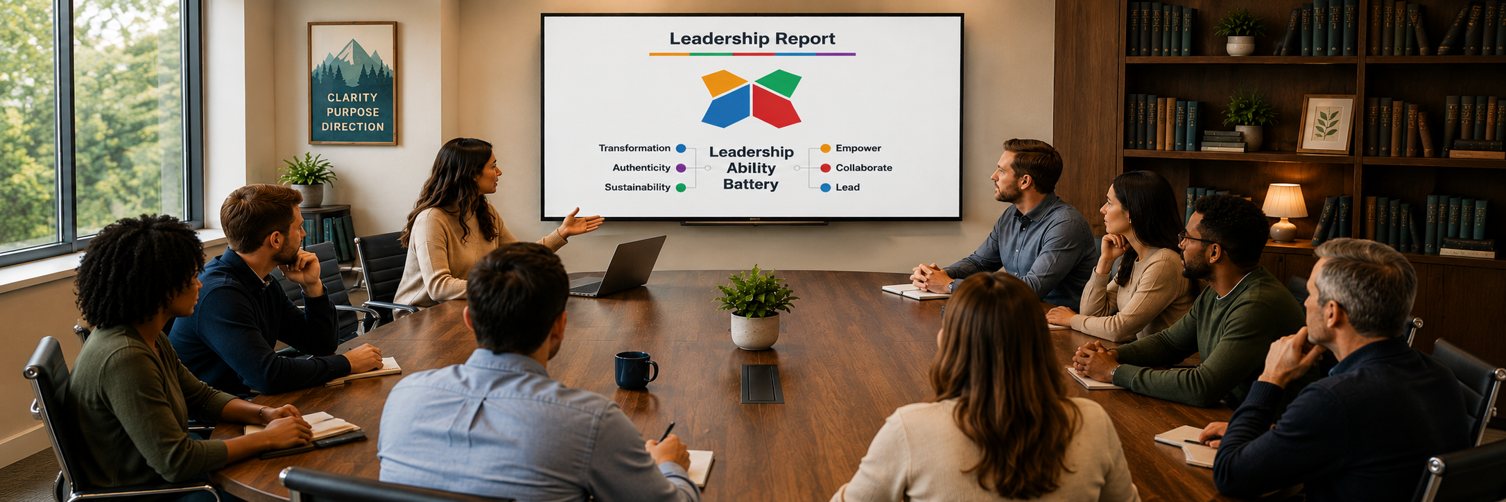 A group of diverse people attending a meeting in a conference room, listening to a woman presenting a leadership report on a large screen, with a window showing trees outside.