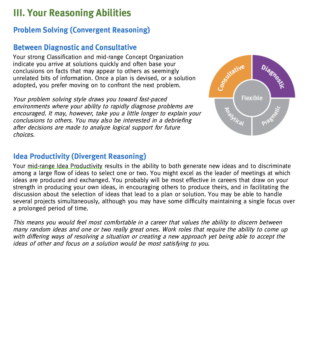 A section of a document titled "III. Your Reasoning Abilities" covering problem solving, diagnostic and consultative reasoning, and idea productivity. Includes a colorful circular diagram showing different reasoning styles: diagnostic, consultative, 