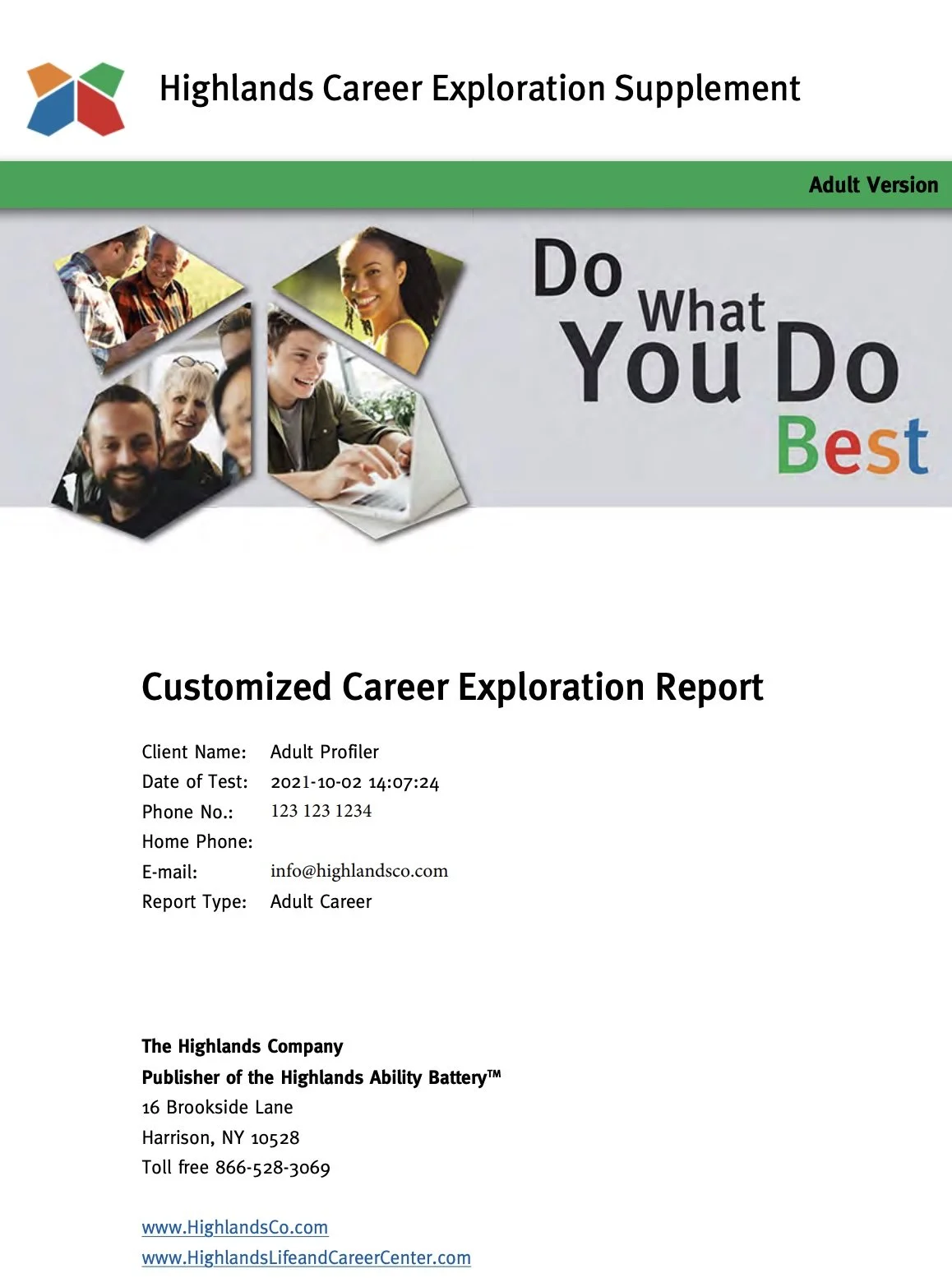 Cover page of a career exploration report titled "Do What You Do Best" with images of diverse people smiling and engaging with technology, and contact information for Highland Ability Battery.
