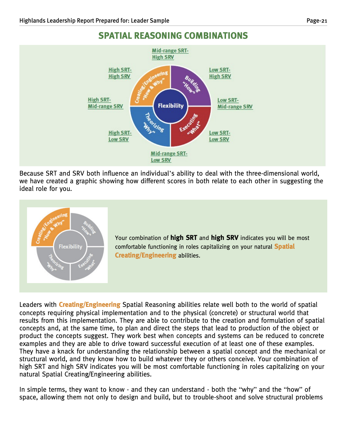Diagram showing spatial reasoning combination scores: high or low SRT and SRV, with categories including building 'How', creating 'Why', theorizing 'Why', and executing 'What', centered around flexibility.