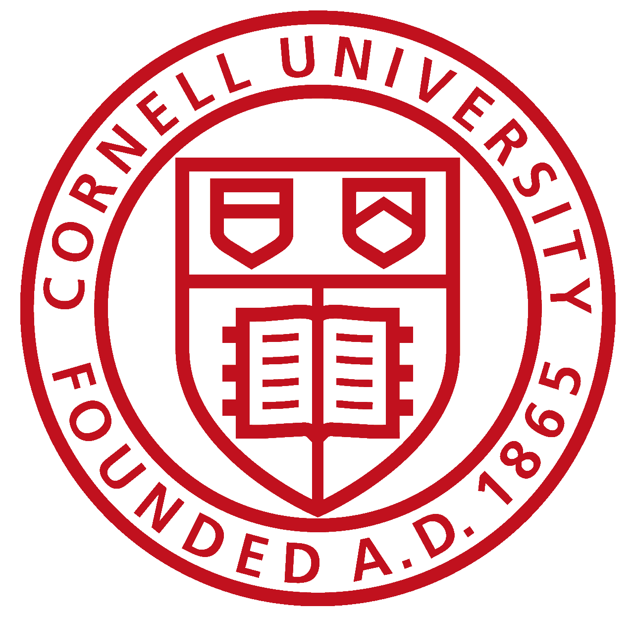 The crest of Cornell University, featuring a shield with a book and two shields, surrounded by the text 'Cornell University Founded A.D. 1865'.