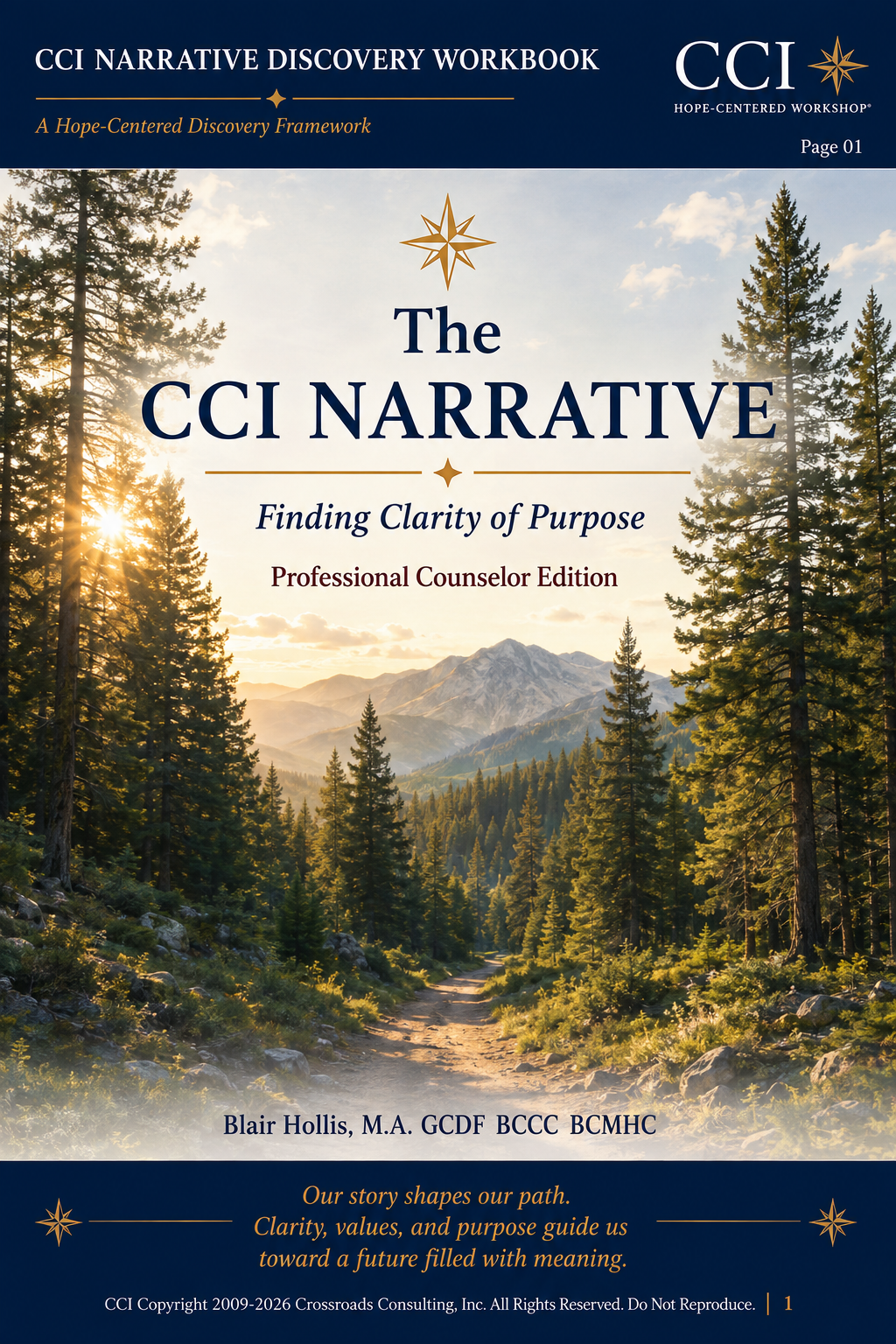 Book cover titled "The CCI Narrative" with a scenic background of a forest trail, tall trees, mountains, and a sunrise or sunset.