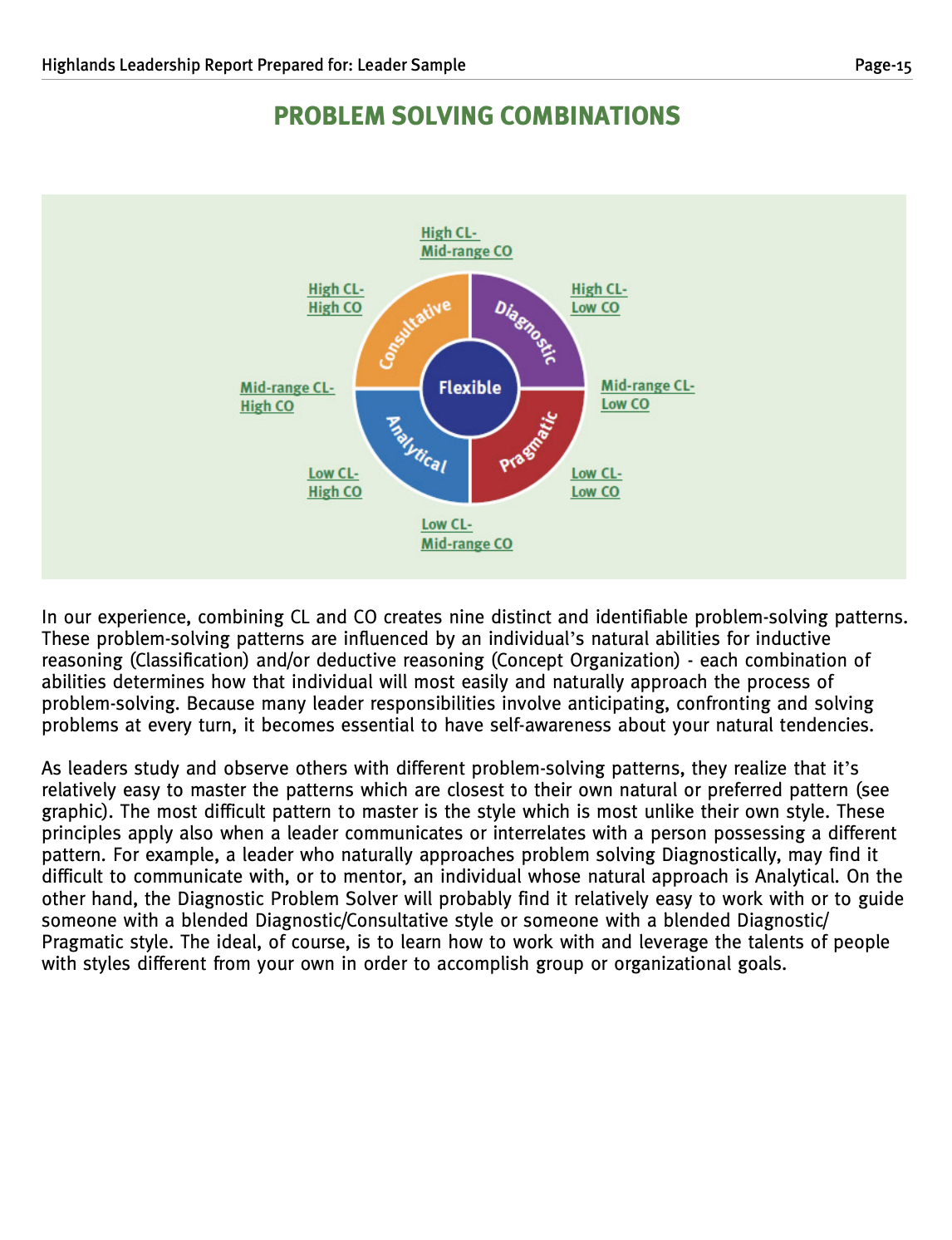 Diagram showing nine problem-solving patterns based on combinations of cognitive styles, arranged in a circle labeled as Diagnostic, Pragmatic, Analytical, and Consultative, with corresponding descriptions.