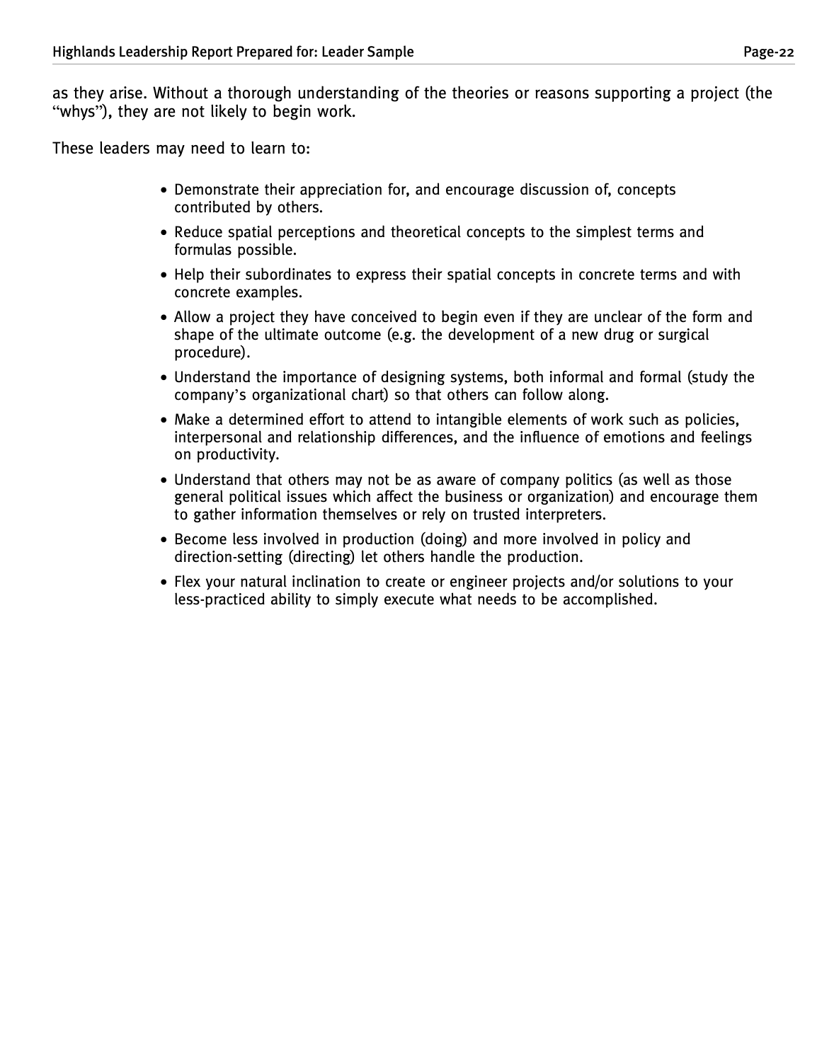 Page 22 of a Highland Leadership Report focusing on skills for leaders, including understanding theories, expressing concepts with examples, designing systems, attending to intangible elements, and adapting project approaches.