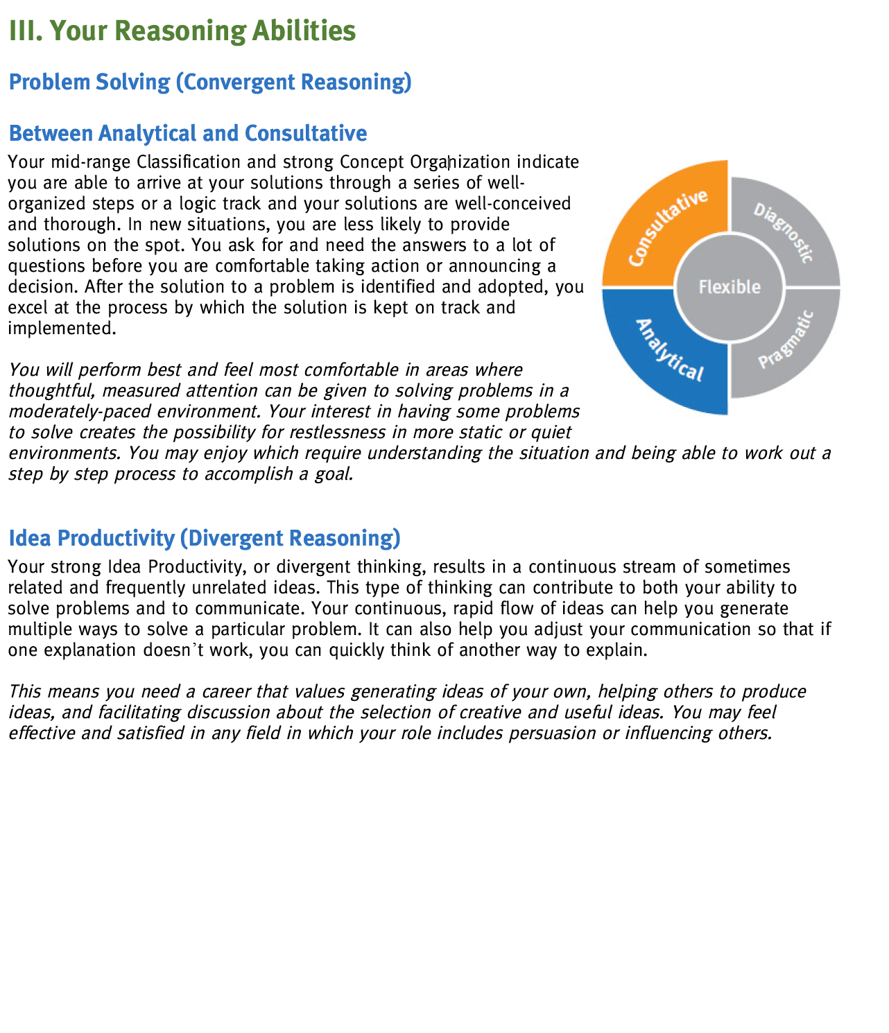Text page with sections on reasoning abilities, problem solving, and idea productivity, featuring a circular diagram with categories: Diagnostic, Pragmatic, Analytical, and Consultative, centered around 'Flexible'.
