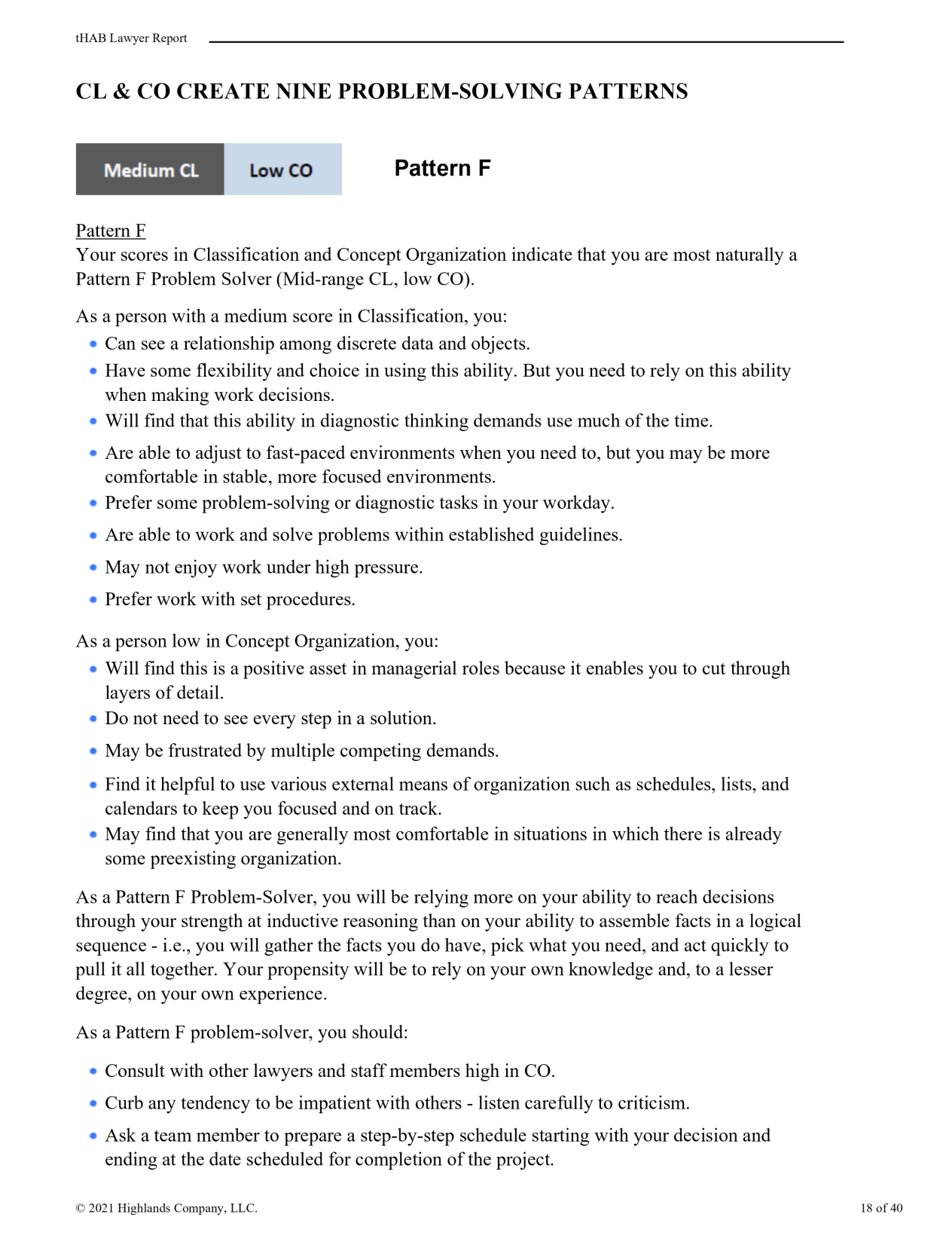 Page from a report titled 'CL & CO CREATE NINE PROBLEM-SOLVING PATTERNS' with classification and concept organization tips, including a blue and gray bar labeled 'Medium CL' and 'Low CO'.