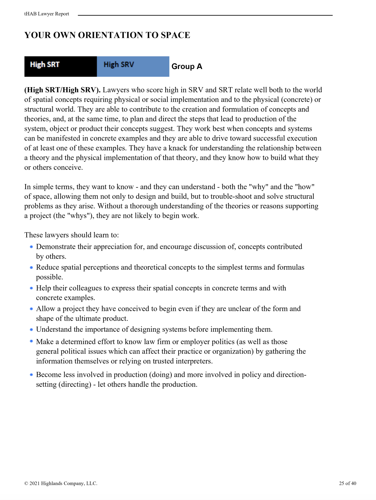 Document titled 'Your Own Orientation to Space' from a legal report, containing text about the qualities of lawyers who score high in SRV and SRT, with a list of skills for effective spatial concept communication