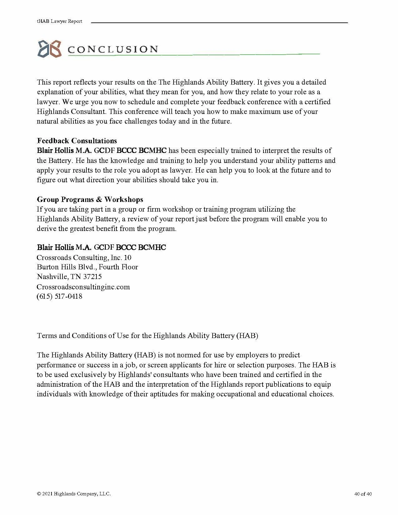 Page excerpt from a professional report titled 'CONCLUSION' discussing Highlands Ability Battery results, interpretation by Blair Hollis M.A., and contact information for Crossroads Consulting, Inc., including address, phone number, and website.
