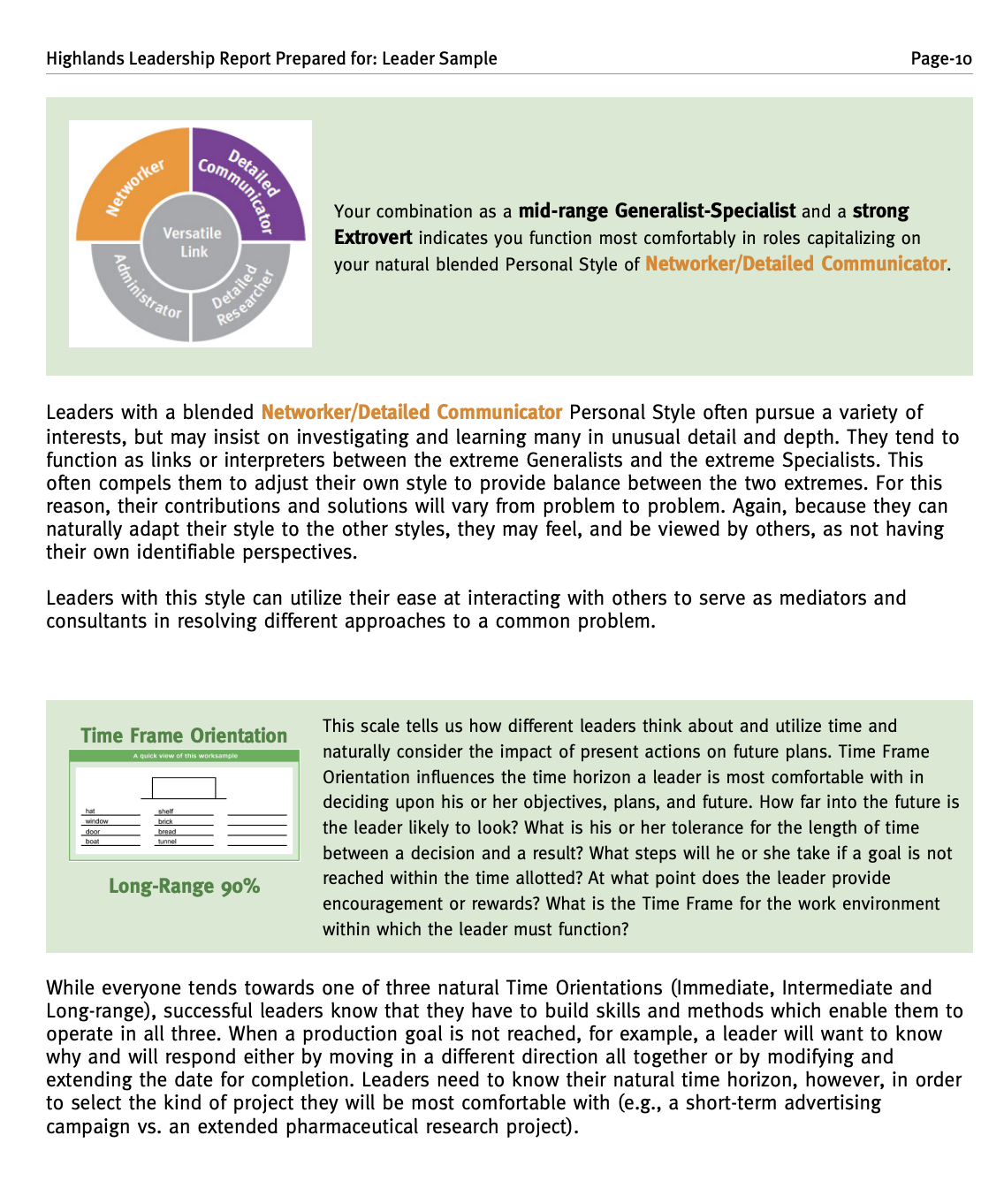 A page from a leadership report discussing personality styles, including a pie chart of personality traits, descriptions of a mid-range Generalist-Specialist and a strong Extrovert, and an explanation of Time Frame Orientation with a sample scale.