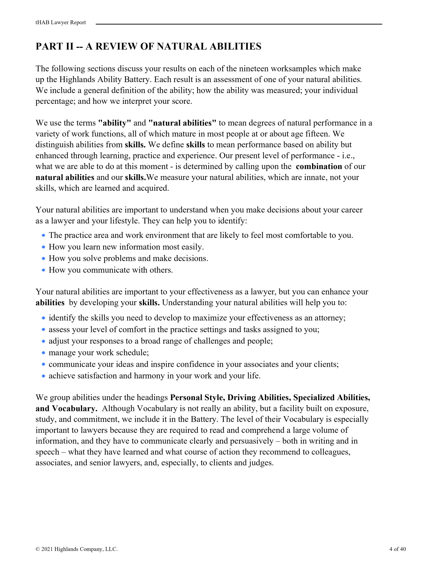 Page from a legal report titled "PART II -- A REVIEW OF NATURAL ABILITIES" discussing natural abilities, skills, and how they relate to legal work, with a footer indicating it is page 4 of 40, copyright © 2021 Highlands Company, LLC.