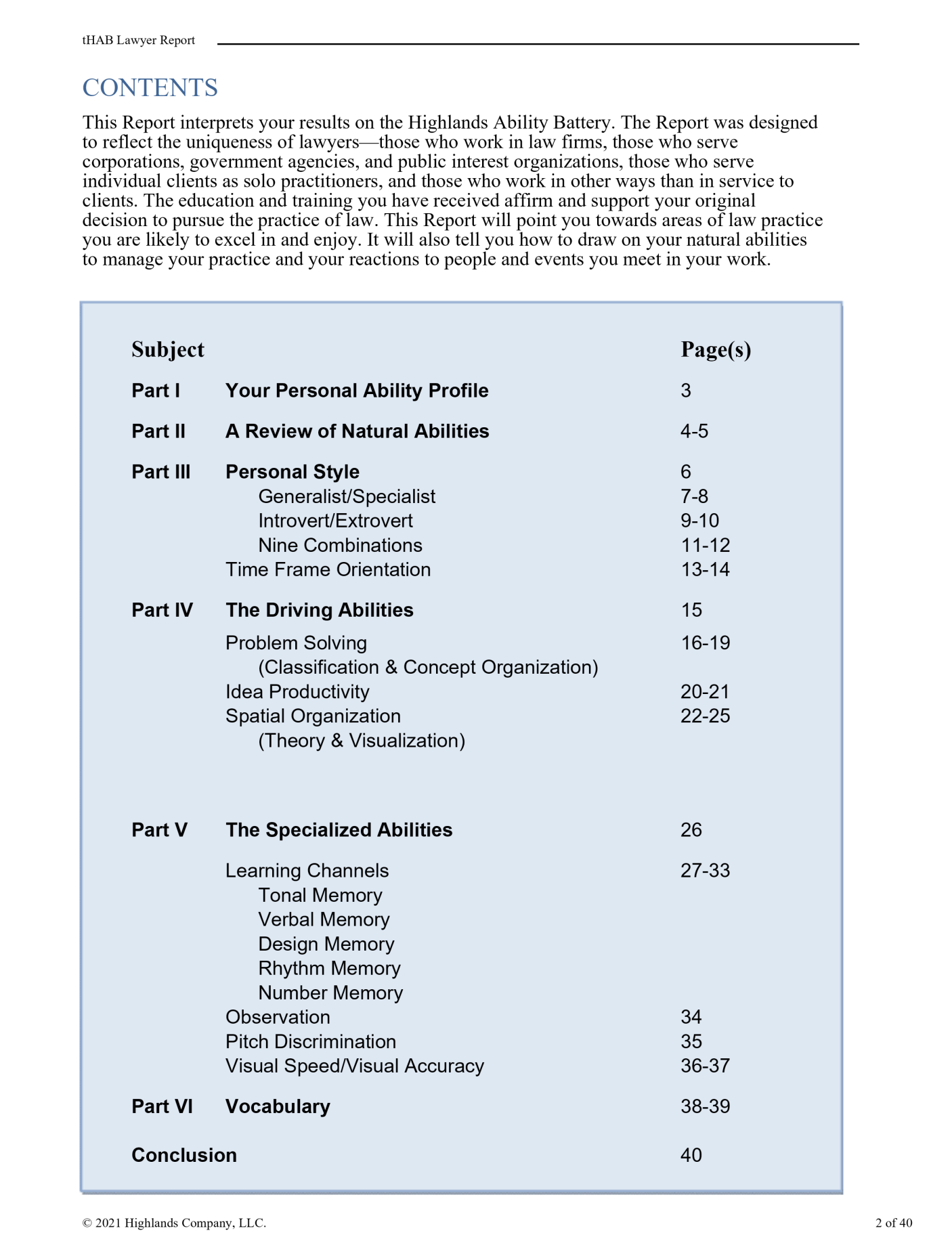 Table of contents page from a report titled 'tHAB Lawyer Report' with sections on ability profiles, natural abilities, personal style, driving abilities, specialized abilities, vocabulary, and conclusion.