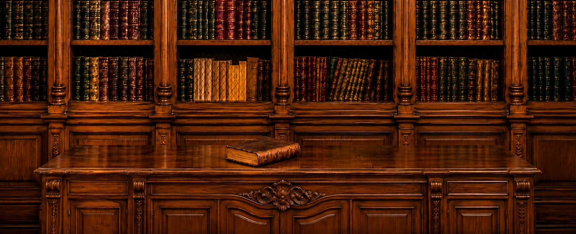 A large wooden desk in front of a tall wooden bookshelf filled with old leather-bound books.