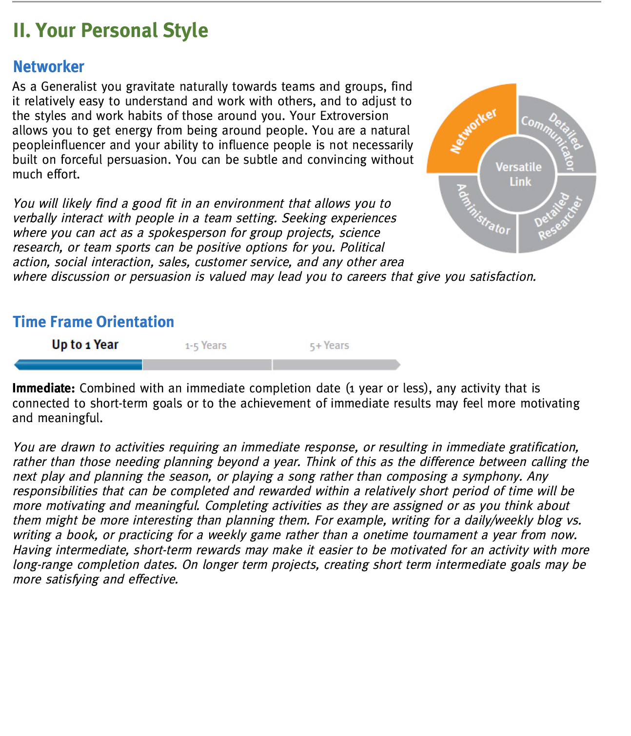 A section of a book about personal style and work preferences. It discusses the 'Networker' personality type, including characteristics, suitable environments, and activities. The image also features a small circular diagram with segments labeled 'Ne