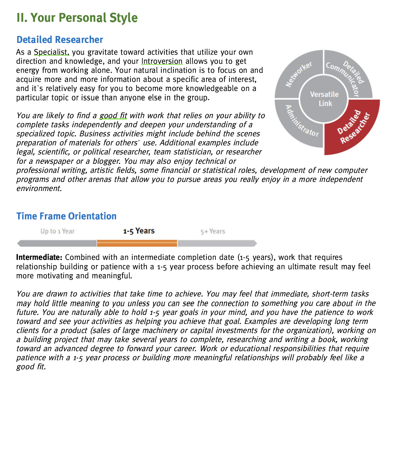 A printed page with text and graphics about personal style, research, and time frame orientation for career planning.