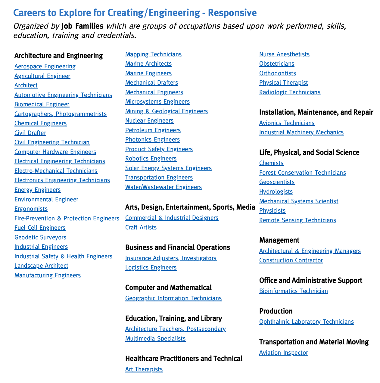 List of careers organized by categories including engineering, arts, business, healthcare, science, management, office support, production, and transportation, with specific job titles linked in blue.