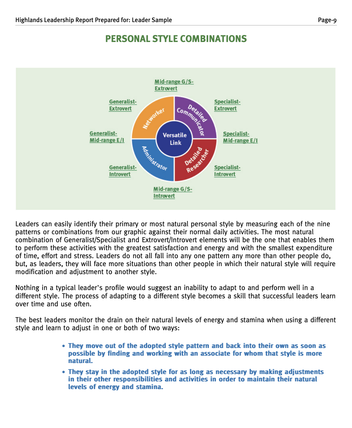 Diagram of personal style combinations for leaders, showing four core styles: detailed communicator, detailed researcher, versatile link, and administrator, each linked to specific personality traits like generalist or specialist and introvert or ext