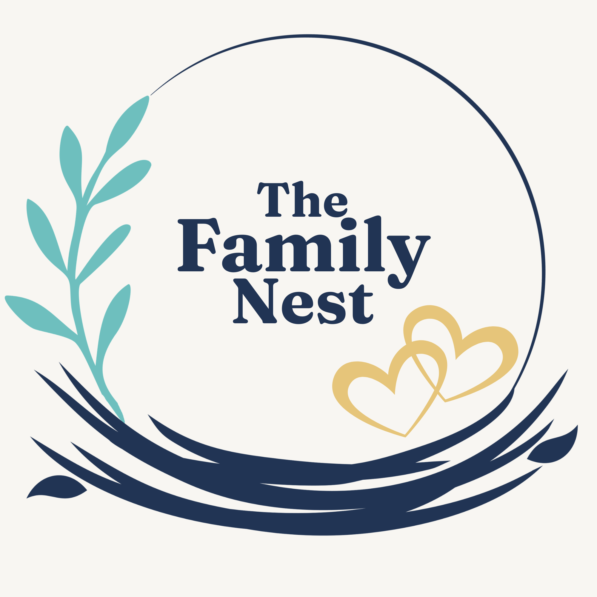 Decorative graphic with a circular shape, teal leaf branch on the left, yellow floral elements on the right, and text in the center that reads 'The Family Nest'.