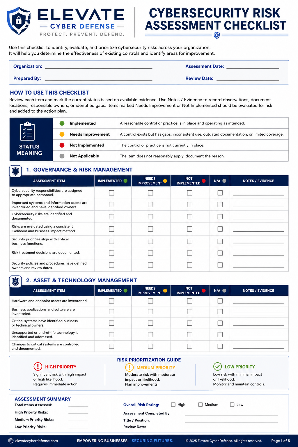Cybersecurity Risk Assessment Checklist